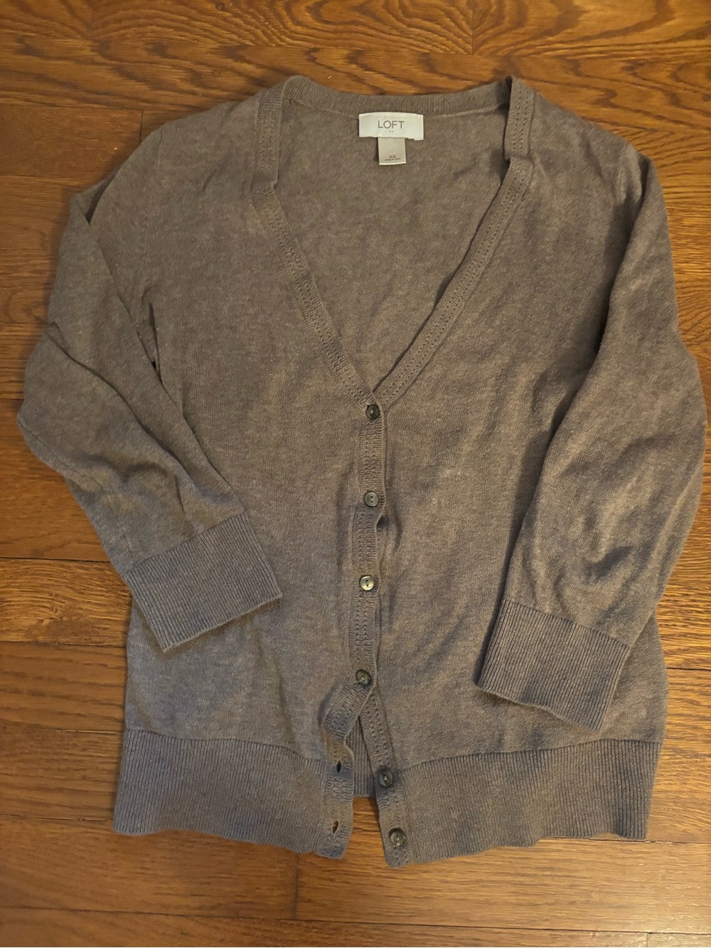 LOFT brown V-Neck Cardigan with 3/4 sleeves.  Size XS